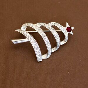 Vintage Abstract Circular Christmas Tree Rhinestones Star Brooch - U22